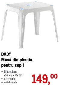 DADY Masă plastic pentru copii 50 x 42 x 45 cm